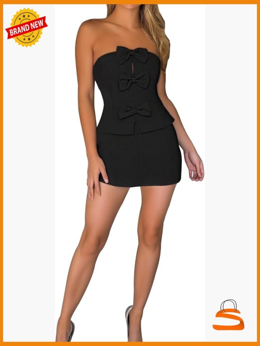 Strapless Bow Tube Top & High Waisted Mini Dress Two Piece Set